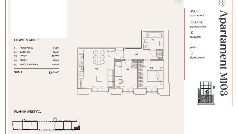 Rzut - Mieszkanie na sprzedaż 3 pokoje o powierzchni 53,61 m² - numer C.103 w Młyny Mogilska