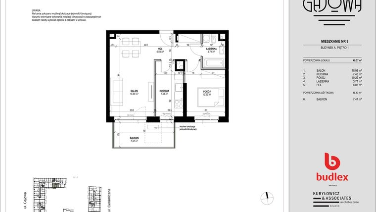 Rzut - Mieszkanie na sprzedaż 2 pokoje o powierzchni 48,37 m² - numer 8 w Gajowa bud. A
