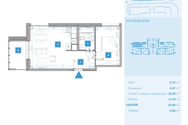 Rzut - Mieszkanie na sprzedaż 2 pokoje o powierzchni 43,48 m² - numer 4 w Apartamenty Macadamia