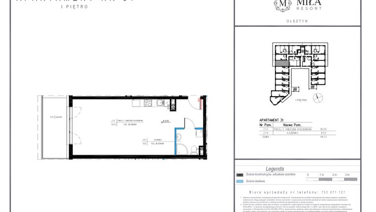 Rzut - Mieszkanie na sprzedaż 1 pokój o powierzchni 44,13 m² - numer 31 w Miła Resort