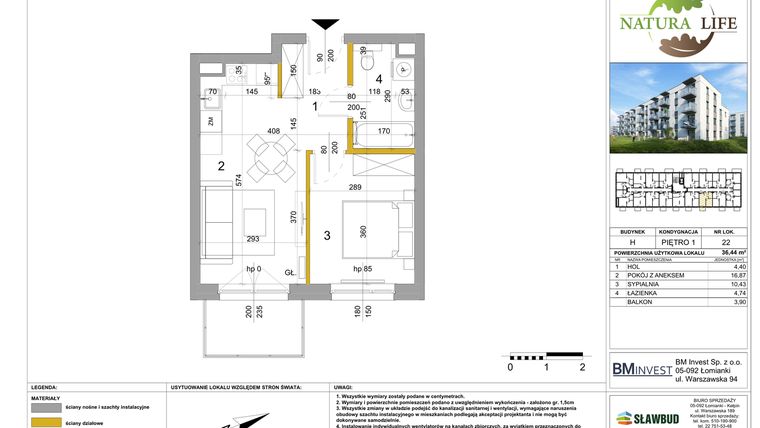 Rzut - Mieszkanie na sprzedaż 2 pokoje o powierzchni 36,49 m² - numer H.22 w Osiedle Natura Life budynki GHI