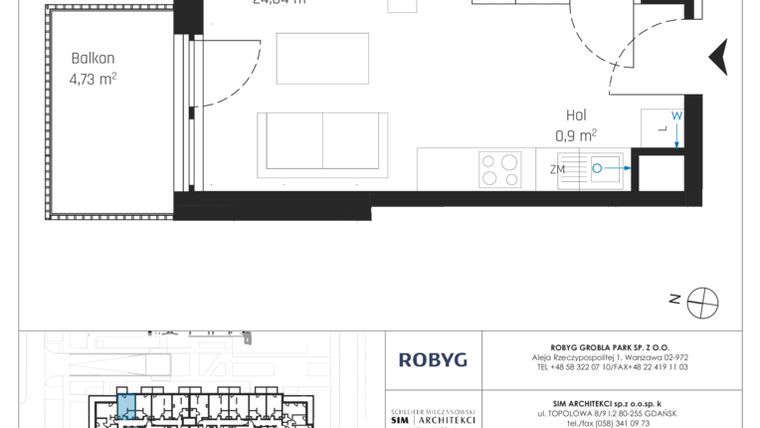 Rzut - Mieszkanie na sprzedaż 1 pokój o powierzchni 29,85 m² - numer J.1M12 w Nadmotławie Apartments etap J