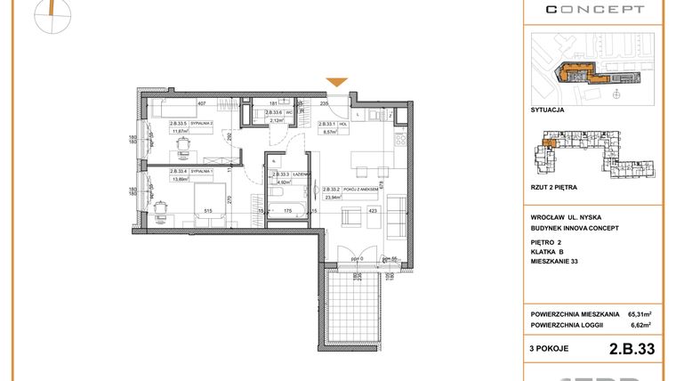 Rzut - Mieszkanie na sprzedaż 3 pokoje o powierzchni 65,31 m² - numer 2.B.33 w Innova Concept