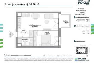 Rzut - Mieszkanie na sprzedaż 2 pokoje o powierzchni 38,86 m² - numer 40 w Osiedle Fokus Ursus