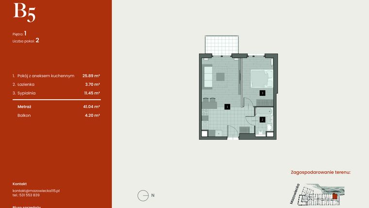 Rzut - Mieszkanie na sprzedaż 2 pokoje o powierzchni 41,04 m² - numer B5 w Mazowiecka 115