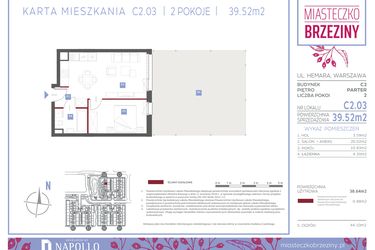 Rzut - Mieszkanie na sprzedaż 2 pokoje o powierzchni 39,52 m² - numer C2.03 w Miasteczko Brzeziny II