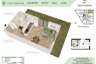 Rzut - Mieszkanie na sprzedaż 1 pokój o powierzchni 34,07 m² - numer B2.M1 w Tutaj Bunscha