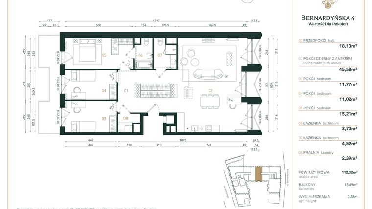Rzut - Mieszkanie na sprzedaż 4 pokoje o powierzchni 112,32 m² - numer B/5/04 w Bernardyńska 4