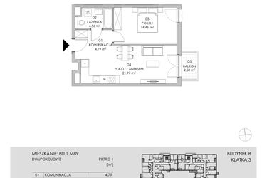 Rzut - Mieszkanie na sprzedaż 2 pokoje o powierzchni 45,78 m² - numer BIII.1.M89 w Przewóz 42 ATAL II