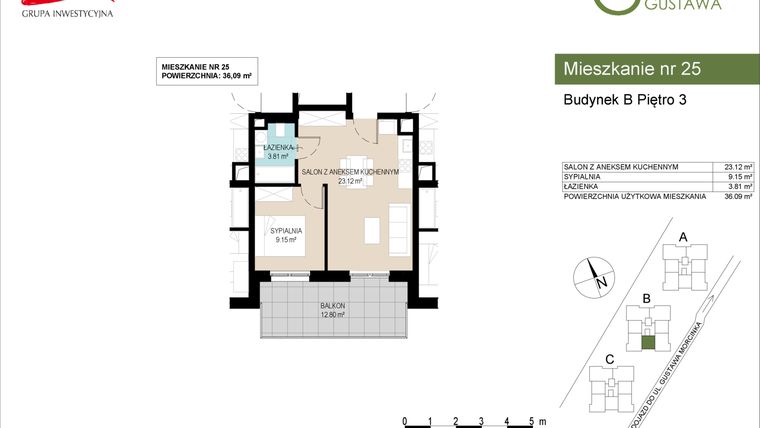 Rzut - Mieszkanie na sprzedaż 2 pokoje o powierzchni 36,09 m² - numer B25 w Wzgórze Gustawa