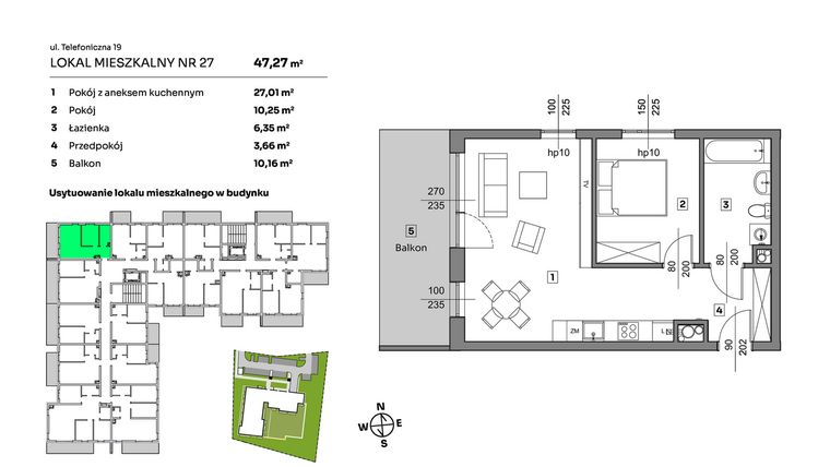 Rzut - Mieszkanie na sprzedaż 2 pokoje o powierzchni 47,27 m² - numer 27 w Nova Radiostacja