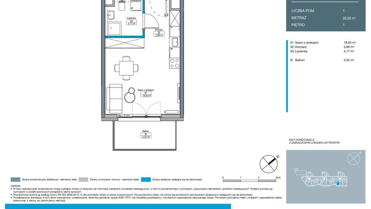 Rzut - Mieszkanie na sprzedaż 1 pokój o powierzchni 26,56 m² - numer DA0104 w Talarowa Park II