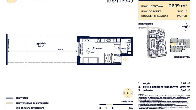 Rzut - Mieszkanie na sprzedaż 1 pokój o powierzchni 26,19 m² - numer C03 w Osiedle Kompas