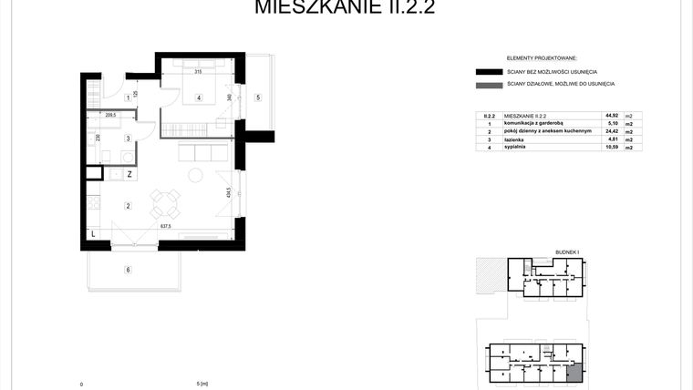 Rzut - Mieszkanie na sprzedaż 2 pokoje o powierzchni 44,92 m² - numer II.2.2 w Pryncypalna 66