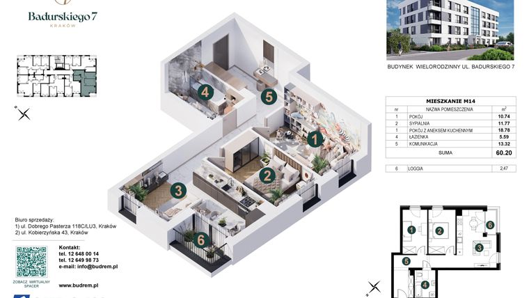 Rzut - Mieszkanie na sprzedaż 3 pokoje o powierzchni 60,2 m² - numer 14 w Badurskiego 7