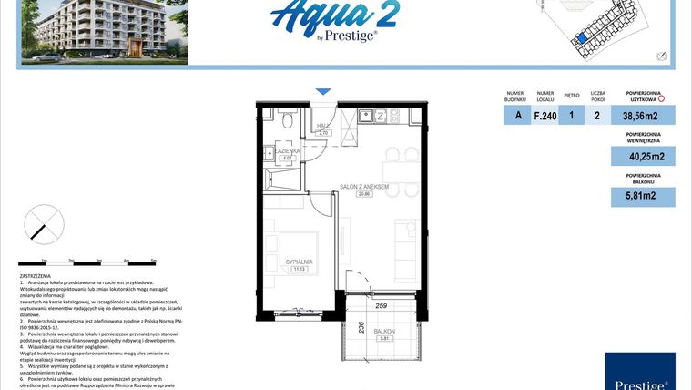 Rzut - Mieszkanie na sprzedaż 2 pokoje o powierzchni 38,56 m² - numer F.240 w Bel Mare (Międzyzdroje)