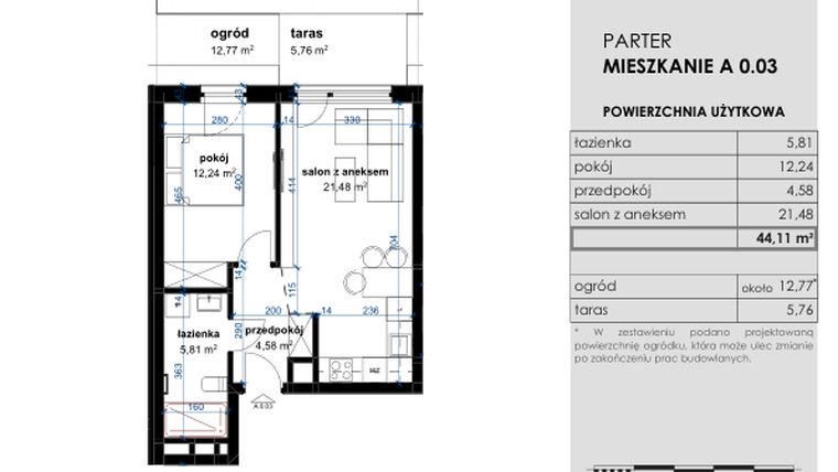 Rzut - Mieszkanie na sprzedaż 2 pokoje o powierzchni 44,11 m² - numer A 0.03 w Osiedle Kwiatowe