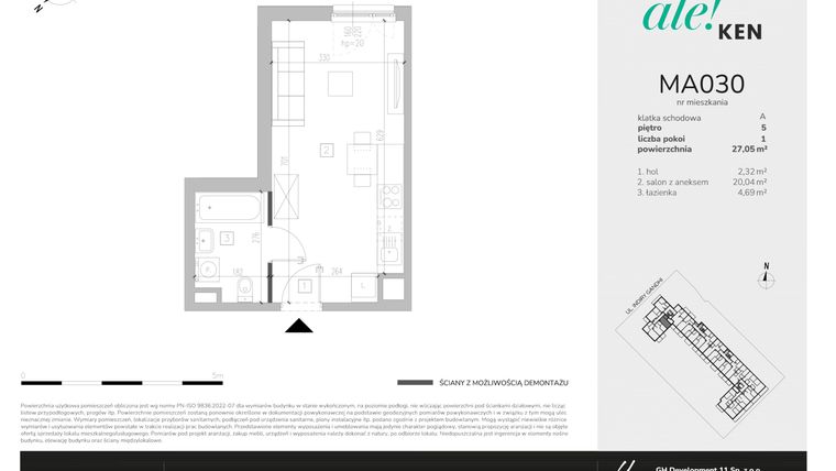 Rzut - Mieszkanie na sprzedaż 1 pokój o powierzchni 27,05 m² - numer MA030 w Ale!Ken