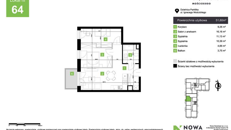 Rzut - Mieszkanie na sprzedaż 3 pokoje o powierzchni 51,6 m² - numer M64 w Nowa Częstochowa Mościckiego
