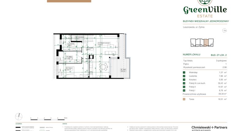 Rzut - Mieszkanie na sprzedaż 3 pokoje o powierzchni 69,34 m² - numer 27.2 w Green Ville