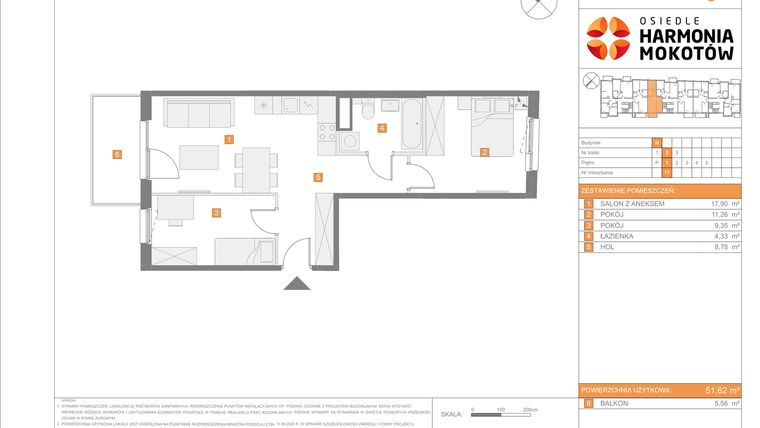 Rzut - Mieszkanie na sprzedaż 3 pokoje o powierzchni 51,62 m² - numer H.17 w Osiedle Harmonia Mokotów etap 3