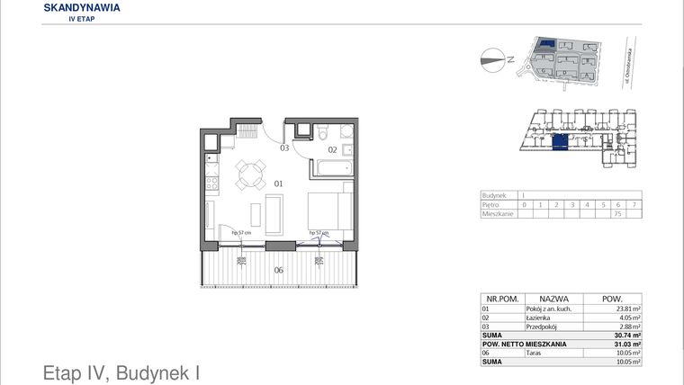 Rzut - Mieszkanie na sprzedaż 1 pokój o powierzchni 30,74 m² - numer I0675 w Park Skandynawia V