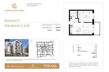 Rzut - Mieszkanie na sprzedaż 2 pokoje o powierzchni 42,09 m² - numer C.6.02 w Grabskiego Park