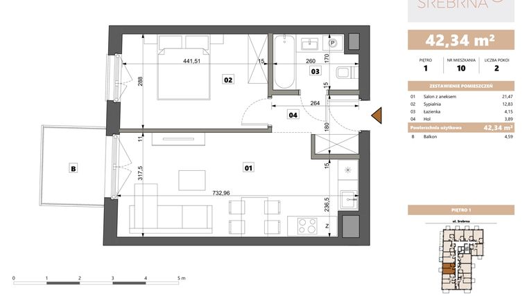 Rzut - Mieszkanie na sprzedaż 2 pokoje o powierzchni 42,34 m² - numer 10 w Srebrna 5