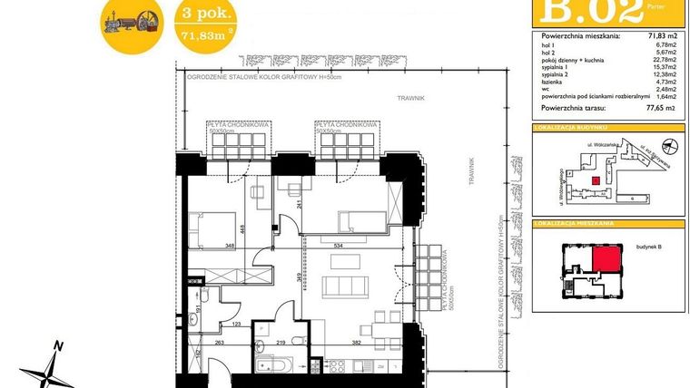 Rzut - Mieszkanie na sprzedaż 3 pokoje o powierzchni 71,83 m² - numer B.2 w ART MODERN etap III - Modern Loft