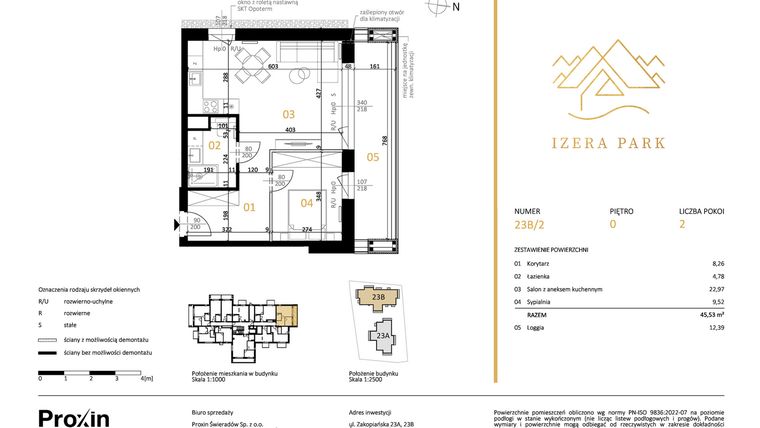Rzut - Mieszkanie na sprzedaż 2 pokoje o powierzchni 45,53 m² - numer 23B/2 w Izera Park