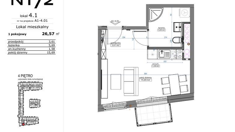 Rzut - Mieszkanie na sprzedaż 1 pokój o powierzchni 26,57 m² - numer 04.01 w Naramowicka 172