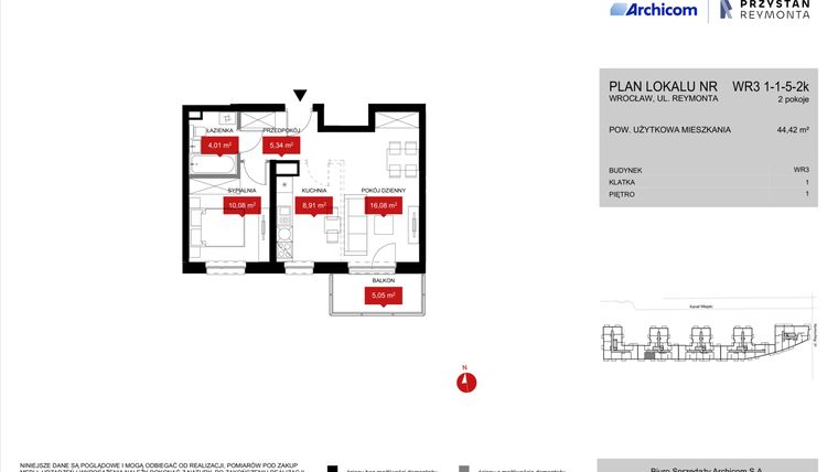 Rzut - Mieszkanie na sprzedaż 2 pokoje o powierzchni 44,42 m² - numer WR3 1/1/5/2k w Przystań Reymonta etap II