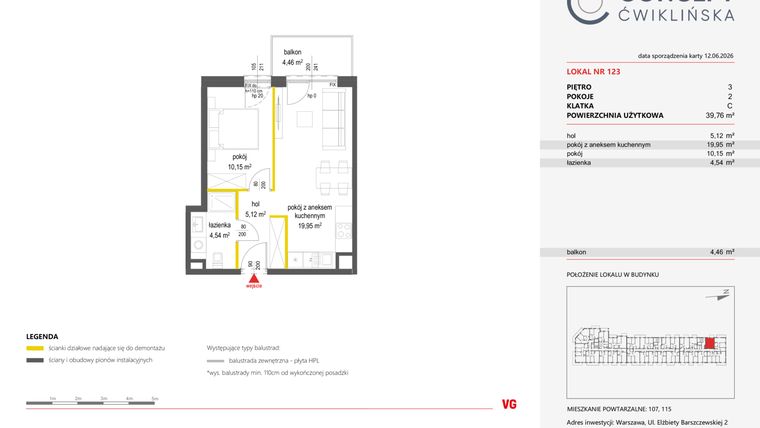 Rzut - Mieszkanie na sprzedaż 2 pokoje o powierzchni 39,76 m² - numer 123 w Concept Ćwiklińska