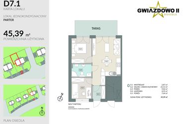 Rzut - Mieszkanie na sprzedaż 3 pokoje o powierzchni 45,39 m² - numer D7.1 w Gwiazdowo II