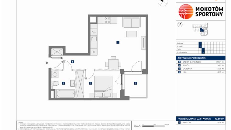 Rzut - Mieszkanie na sprzedaż 2 pokoje o powierzchni 43,8 m² - numer F.9 w Mokotów Sportowy