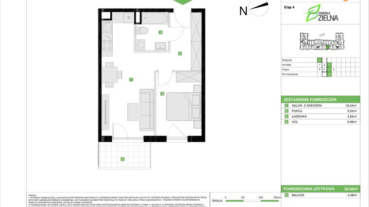 Rzut - Mieszkanie na sprzedaż 2 pokoje o powierzchni 38,66 m² - numer A.72 w Osiedle Zielna IV