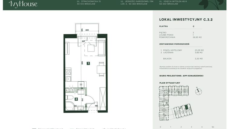 Rzut - Mieszkanie na sprzedaż 1 pokój o powierzchni 26,95 m² - numer C.3.2 w IVY HOUSE - Apartamenty inwestycyjne
