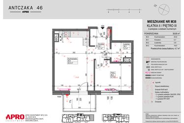 Rzut - Mieszkanie na sprzedaż 2 pokoje o powierzchni 38,8 m² - numer 38 w Antczaka 46