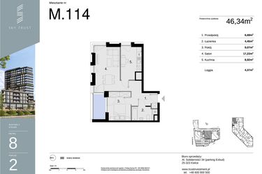 Rzut - Mieszkanie na sprzedaż 2 pokoje o powierzchni 46,34 m² - numer M114 w Sky Trust etap II