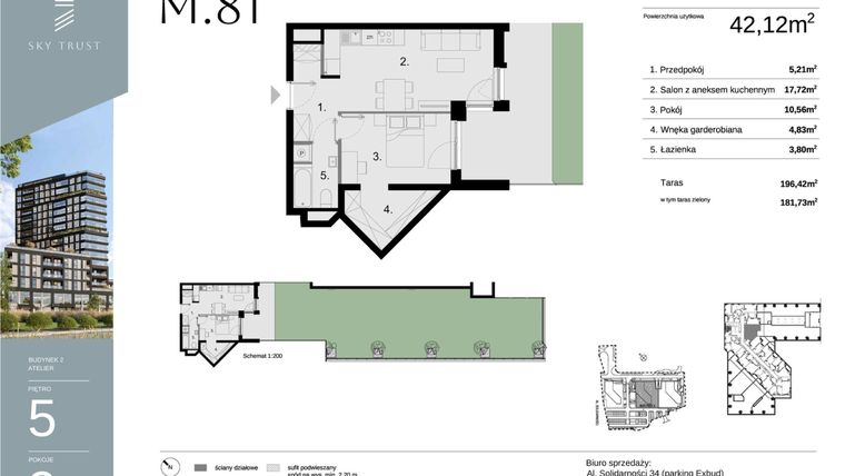 Rzut - Mieszkanie na sprzedaż 2 pokoje o powierzchni 42,12 m² - numer M81 w Sky Trust etap II