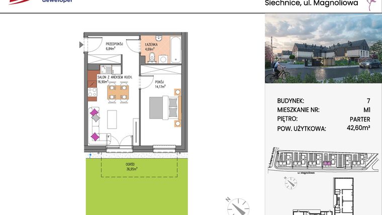Rzut - Mieszkanie na sprzedaż 2 pokoje o powierzchni 42,6 m² - numer Bud.7-1 w Willa Magnolia