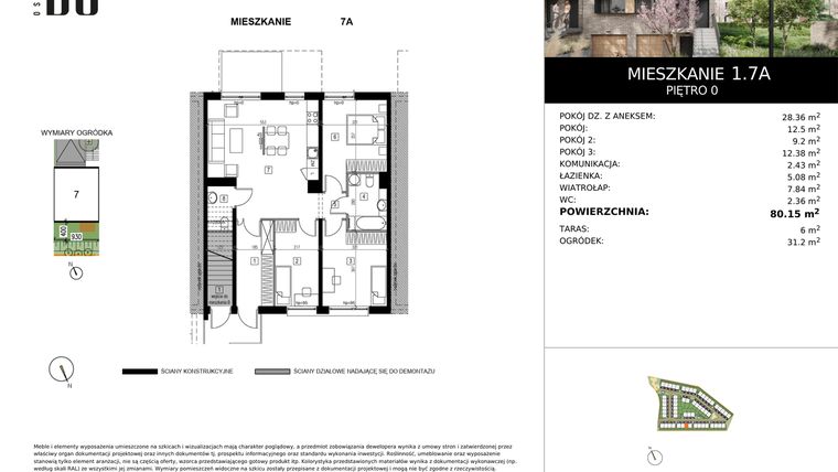 Rzut - Mieszkanie na sprzedaż 4 pokoje o powierzchni 80,15 m² - numer 1.7A w Osiedle Bo