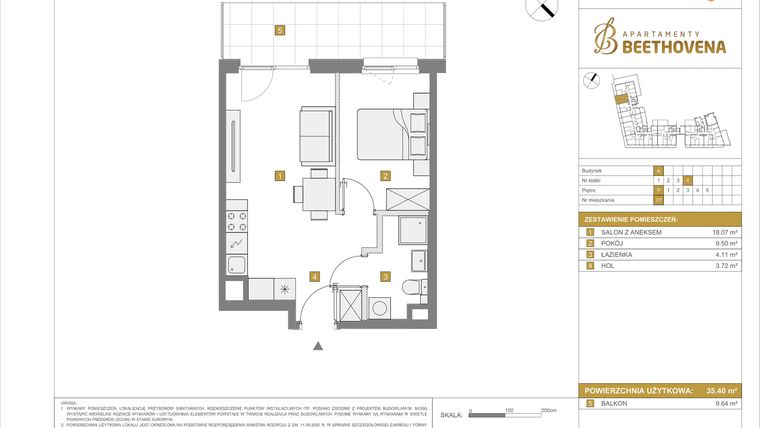 Rzut - Mieszkanie na sprzedaż 2 pokoje o powierzchni 35,4 m² - numer A77 w Apartamenty Beethovena