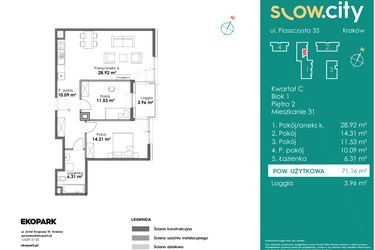 Rzut - Mieszkanie na sprzedaż 3 pokoje o powierzchni 71,16 m² - numer C1-31 w Slow City