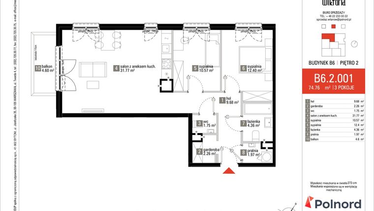 Rzut - Mieszkanie na sprzedaż 3 pokoje o powierzchni 74,48 m² - numer B6.2.001 w Wioletta i Wiktoria