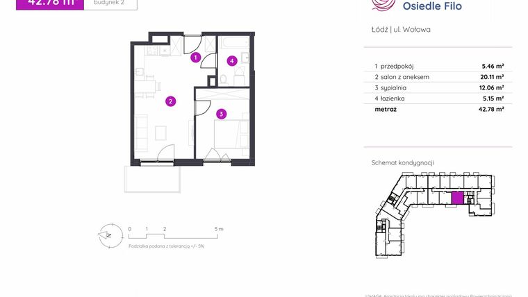 Rzut - Mieszkanie na sprzedaż 2 pokoje o powierzchni 42,78 m² - numer 2.C.1.01 w Murapol Osiedle Filo etap II