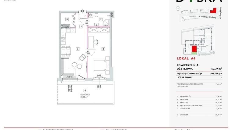 Rzut - Mieszkanie na sprzedaż 2 pokoje o powierzchni 50,79 m² - numer A04 w Dobka