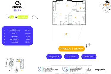 Rzut - Mieszkanie na sprzedaż 2 pokoje o powierzchni 52,29 m² - numer 4.1 w Osiedle Ozon etap VIII