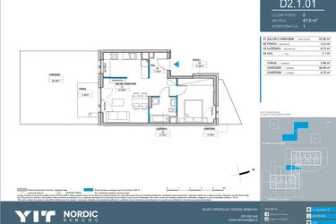 Rzut - Mieszkanie na sprzedaż 2 pokoje o powierzchni 44,37 m² - numer D2.1.01 w Nordic Bemowo - etap IV