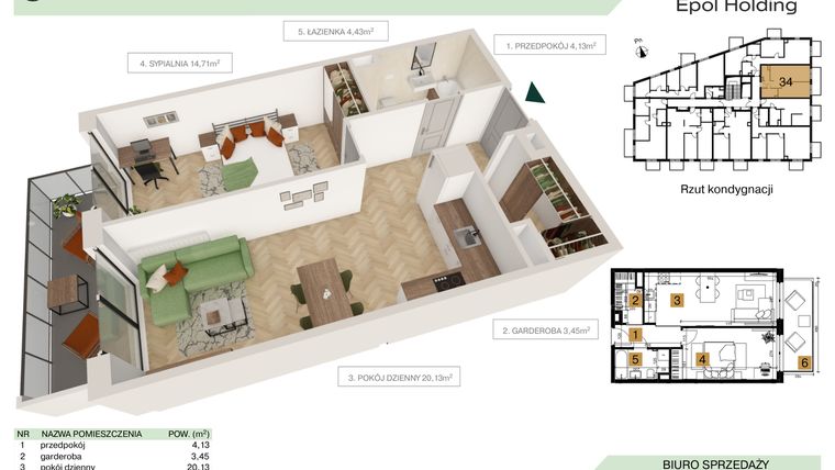 Rzut - Mieszkanie na sprzedaż 2 pokoje o powierzchni 46,85 m² - numer B1.M34 w Tutaj Bunscha